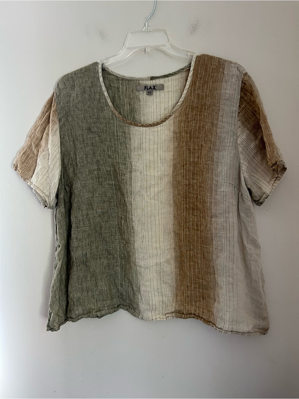 Flax 100% Linen Top Women’s 2G/ 22-24 Cream Brown Stripe Colorblock Short Sleeve